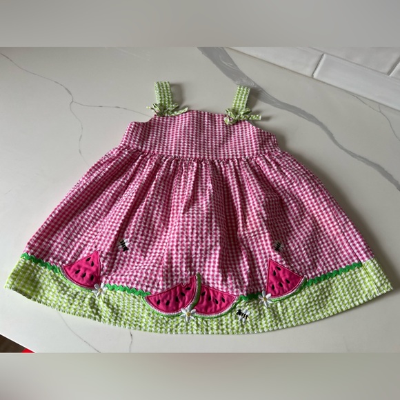 Good Lad Seersucker Gingham Pink & Green Watermelon Dress with Bees Size 24M - Picture 3 of 7